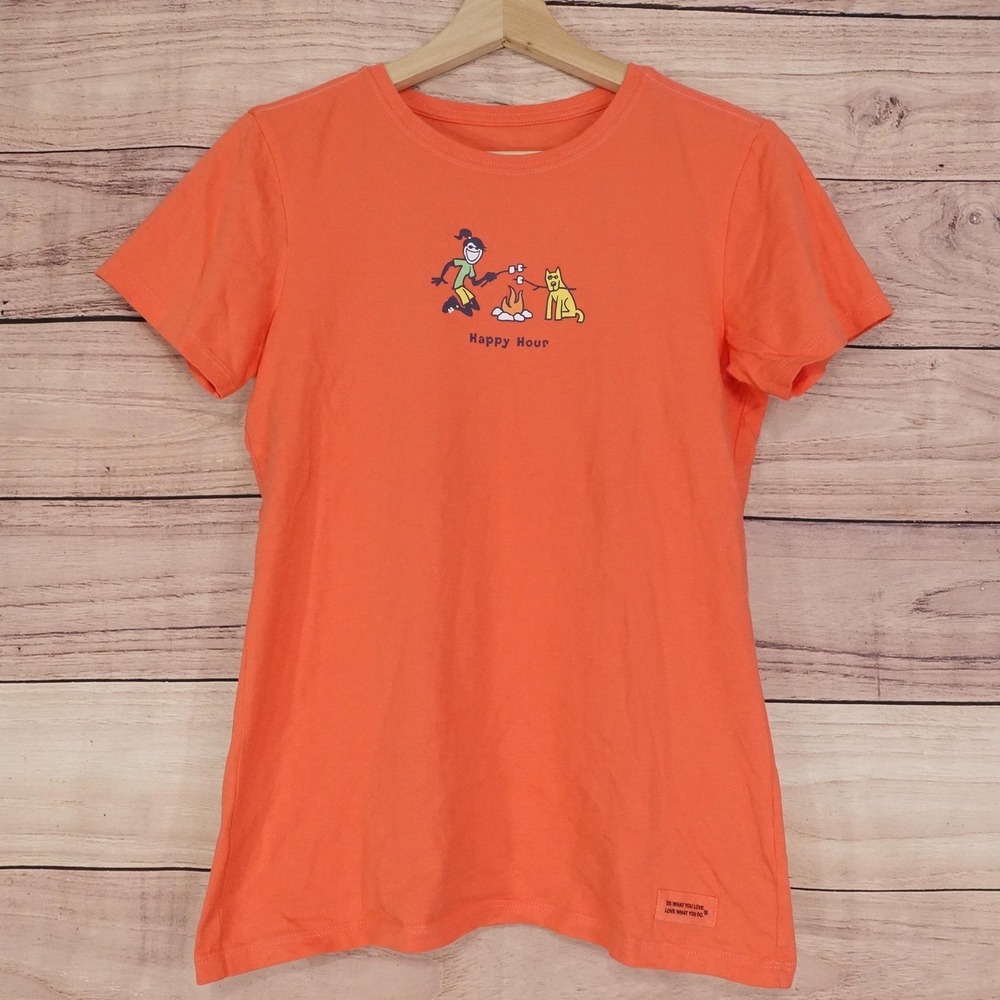 Life Is Good T-Shirt Womens XS‎ Orange Crew Neck Short Sleeve Happy Hour Crusher